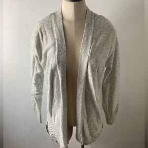 T by Talbots Petite Grey Speckled Open Cardigan Sweater Side Slit Zip Sz MP